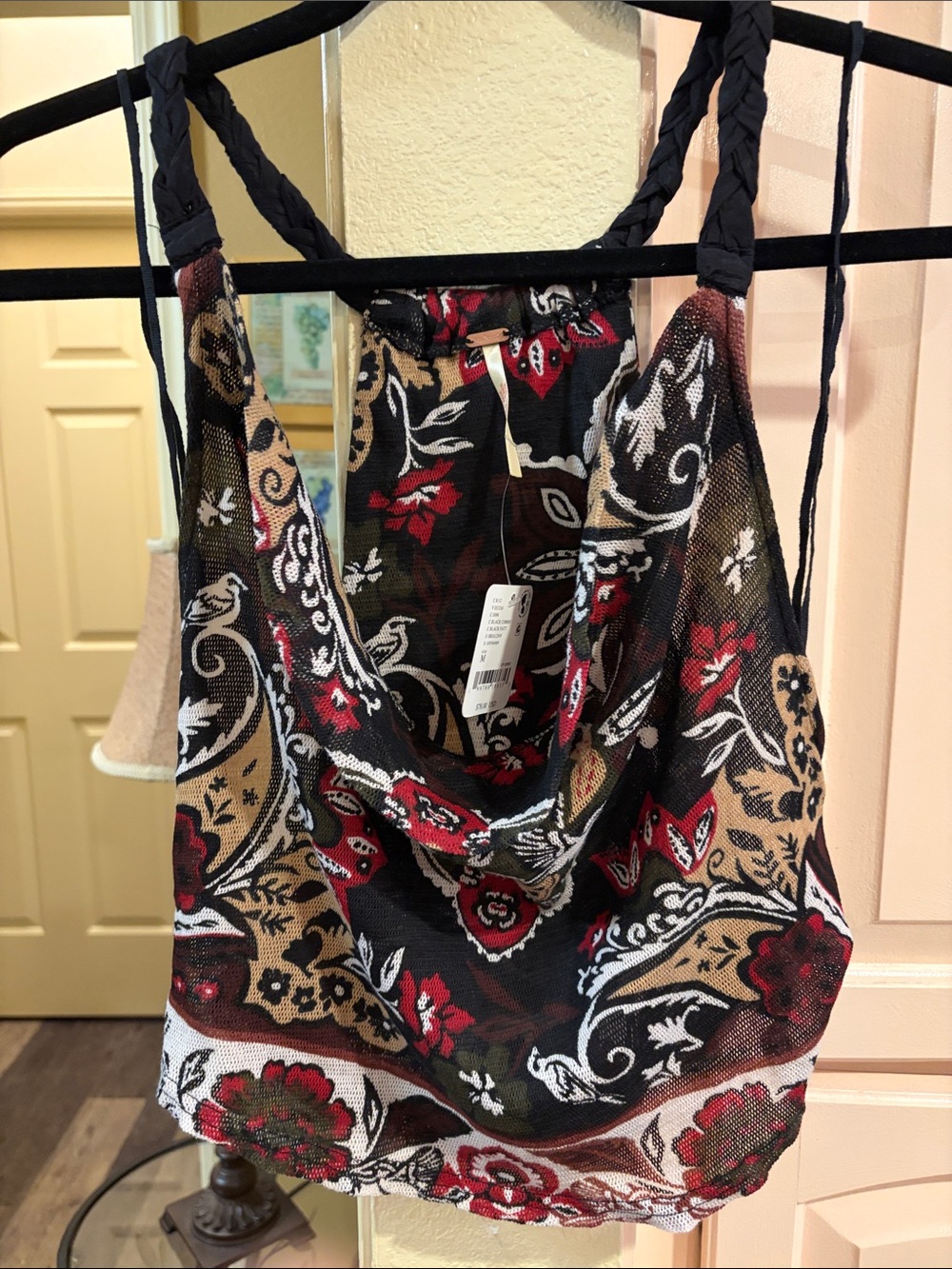 Free People Floral Cowl Neck Crop Top in Black, Red & Tan